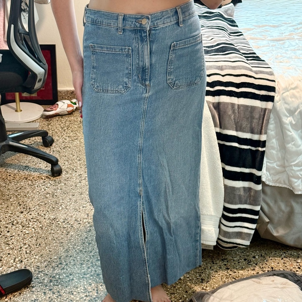 Zara Blue Stretchy Denim Maxi Skirt with Slit